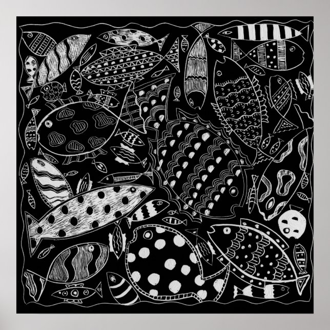 Affiche Fish Pattern Black And White Modern Art Print (Devant)
