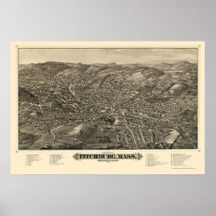 Affiche Fitchburg, MA Carte panoramique - 1882