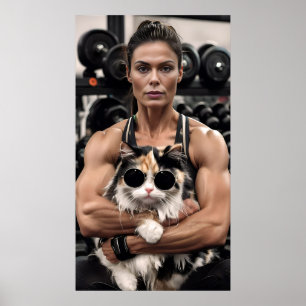 Affiche Fitness Girl&Cat dans la salle de gym. Motivation 