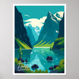 Affiche Fjords Norvège Art Travel illustration Vintage