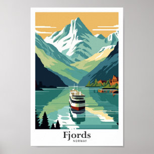 Affiche Fjords Norvège Voyage Art Vintage Illustration