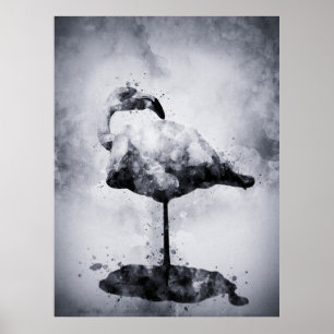 Affiche Flamant rose Aquarelle noir et blanc 02