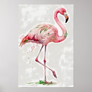 Affiche Flamant Rose Aquarelle Tropicale Sur Fond Blanc