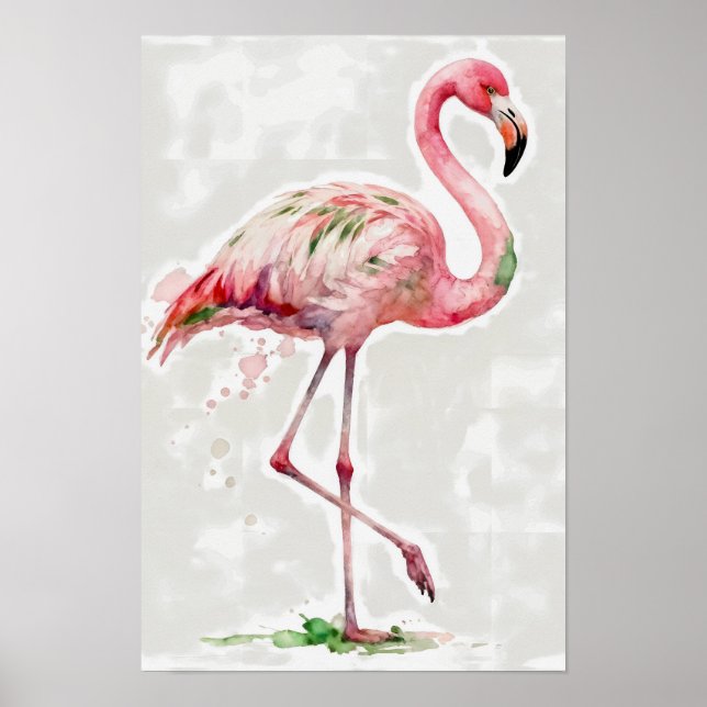Affiche Flamant Rose Aquarelle Tropicale Sur Fond Blanc (Devant)