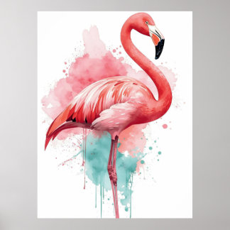 Affiche Flamant Rose Aquarelle Vibrante et Éclaboussure de