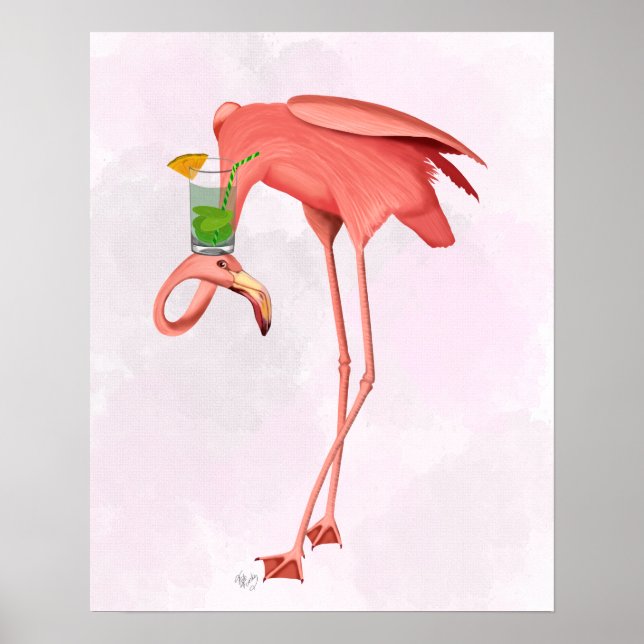 Affiche Flamant rose avec Cocktail (Devant)