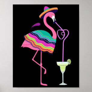 Affiche Flamant rose Boire Margarita Mexicaine Poncho Cinc