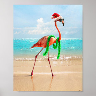 Affiche Flamant rose de Noël sur la plage