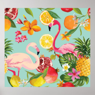 Affiche Flamant rose des fruits tropicaux Motif Vintage