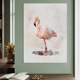 Affiche Flamant Rose Élégant debout en Aquarelle