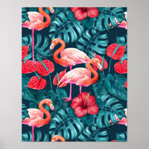 Affiche Flamant rose et aquarelle du jardin tropical