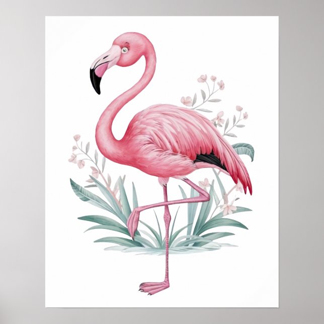 Affiche Flamant rose et fleurs (Devant)