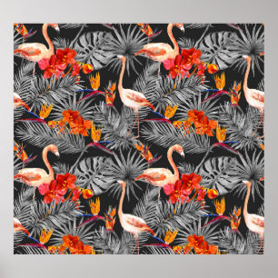 Affiche Flamant rose et fleurs, motif monochrome.