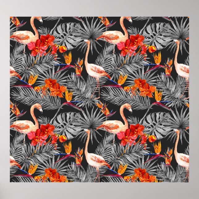 Affiche Flamant rose et fleurs, motif monochrome. (Devant)
