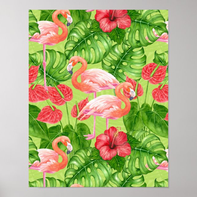 Affiche Flamant rose et plantes tropicaux (Devant)