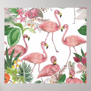 Affiche Flamant rose Feuilles tropicaux Motif aquarelle
