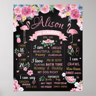 Affiche Flamant rose Fleurs Été Luau Signal d'anniversaire