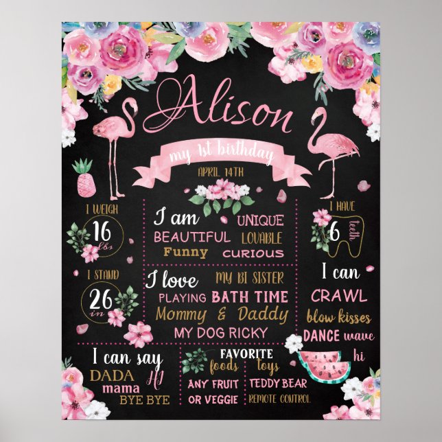 Affiche Flamant rose Fleurs Été Luau Signal d'anniversaire (Devant)