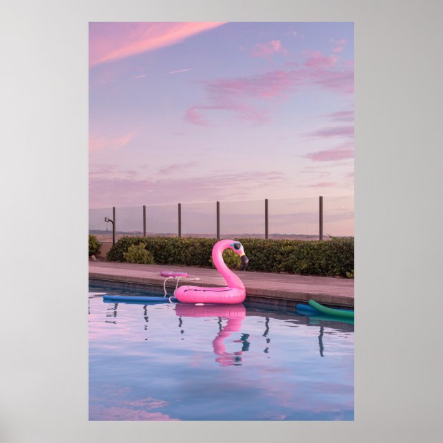 Affiche Flamant rose flotteur dans la piscine (Devant)