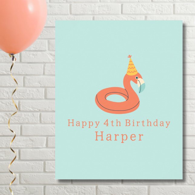 Affiche flamant rose gonflable pour enfants fête d'anniver (flamingo happy birthday pool party personalized name poster print sign. digital instant downloadable)