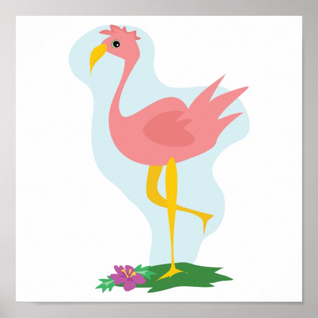Affiche flamant rose mignon debout dans la cour (Devant)