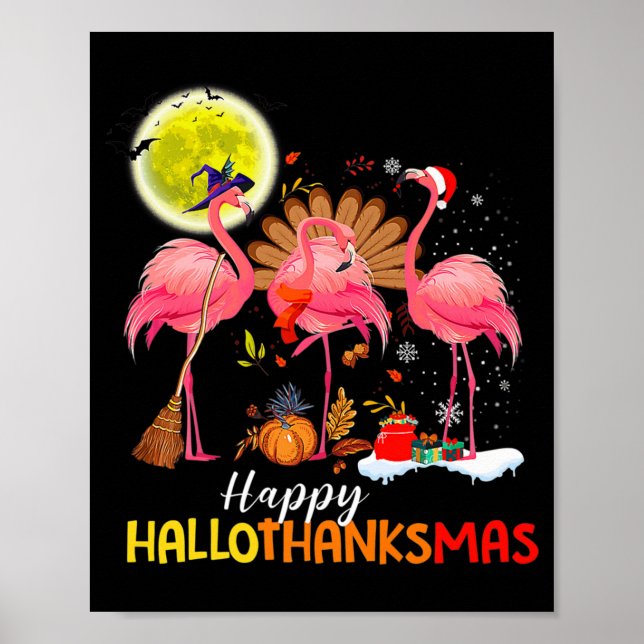 Affiche Flamant rose mignon HalloThanksmas Happy Halloween (Devant)