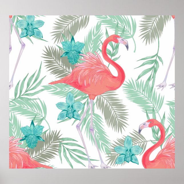 Affiche Flamant rose, orchidée : motif vintage romantique. (Devant)