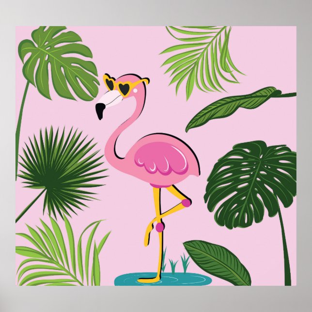 Affiche Flamant rose Palm Feuille Tropical Design (Devant)