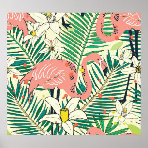 Affiche Flamant rose Palm Feuilles : Vintage tropical