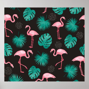 Affiche Flamant rose, palmiers feuilles : aquarelle tropic
