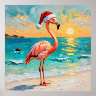 Affiche Flamant rose père Noël sur la plage