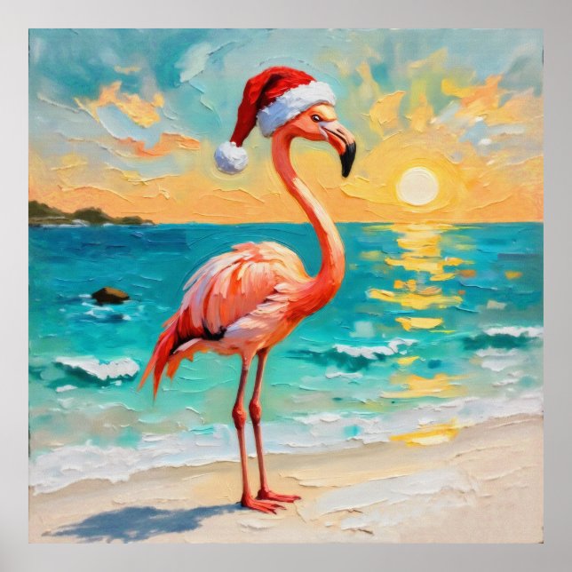 Affiche Flamant rose père Noël sur la plage (Devant)