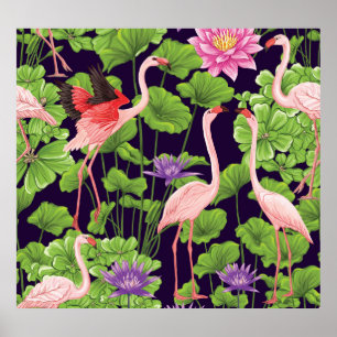 Affiche Flamant rose, plantes tropicaux, arrière - plan no