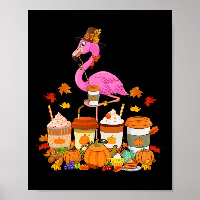 Affiche Flamant rose portant Casquette Automne Cups de caf (Devant)