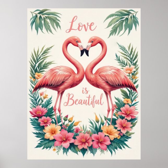 Affiche Flamant rose romantique Love Heart Illustration (Devant)