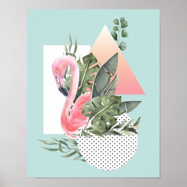 Affiche Flamant rose rose aquarelle Collage tropical (Devant)