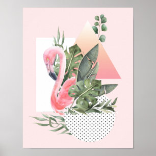 Affiche Flamant rose rose Aquarelle tropicale Collage