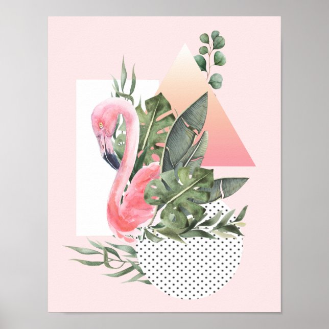 Affiche Flamant rose rose Aquarelle tropicale Collage (Devant)