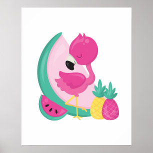 Affiche Flamant rose rose avec pastèque et ananas
