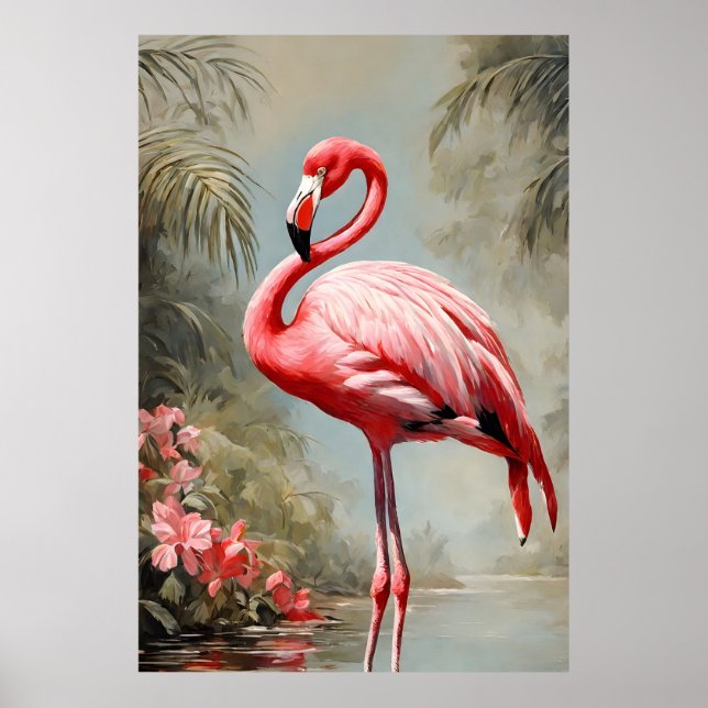 Affiche Flamant rose rose côté lac tropical Vintage (Devant)