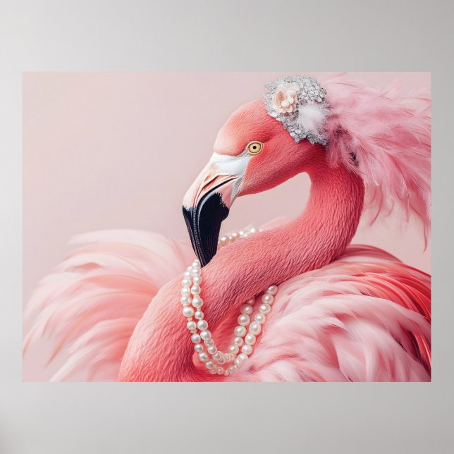 Affiche Flamant rose rose élégant avec perles et plumes (Devant)