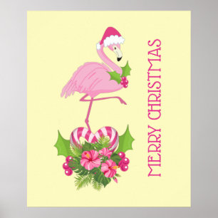 Affiche Flamant rose rose en Santa Hat avec Sucre de canne