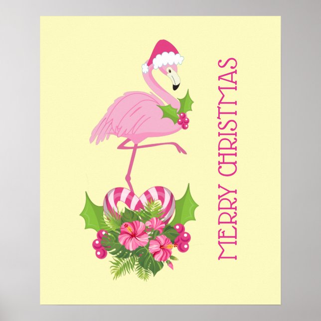 Affiche Flamant rose rose en Santa Hat avec Sucre de canne (Devant)