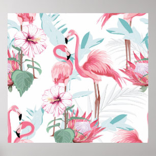 Affiche Flamant rose Rose : Fleurs Exotiques Sans Couleur.