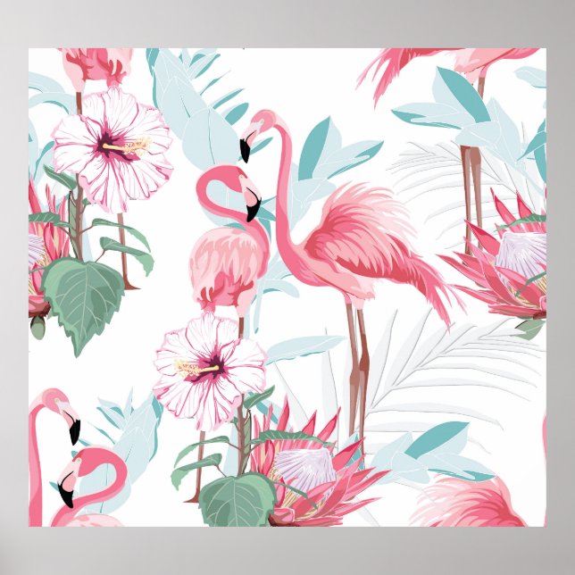 Affiche Flamant rose Rose : Fleurs Exotiques Sans Couleur. (Devant)