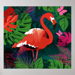 Affiche Flamant rose rose : Harmonie des papillons tropica