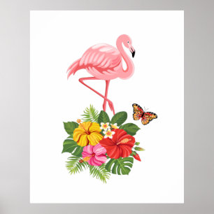 Affiche Flamant rose rose & Hibiscus Tropical Fancy