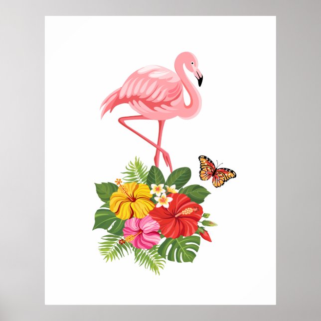 Affiche Flamant rose rose & Hibiscus Tropical Fancy (Devant)