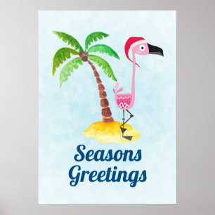 Affiche Flamant rose rose Joyeuses Fêtes à Santa Hat