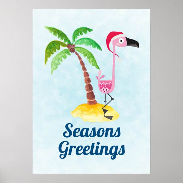 Affiche Flamant rose rose Joyeuses Fêtes à Santa Hat (Devant)